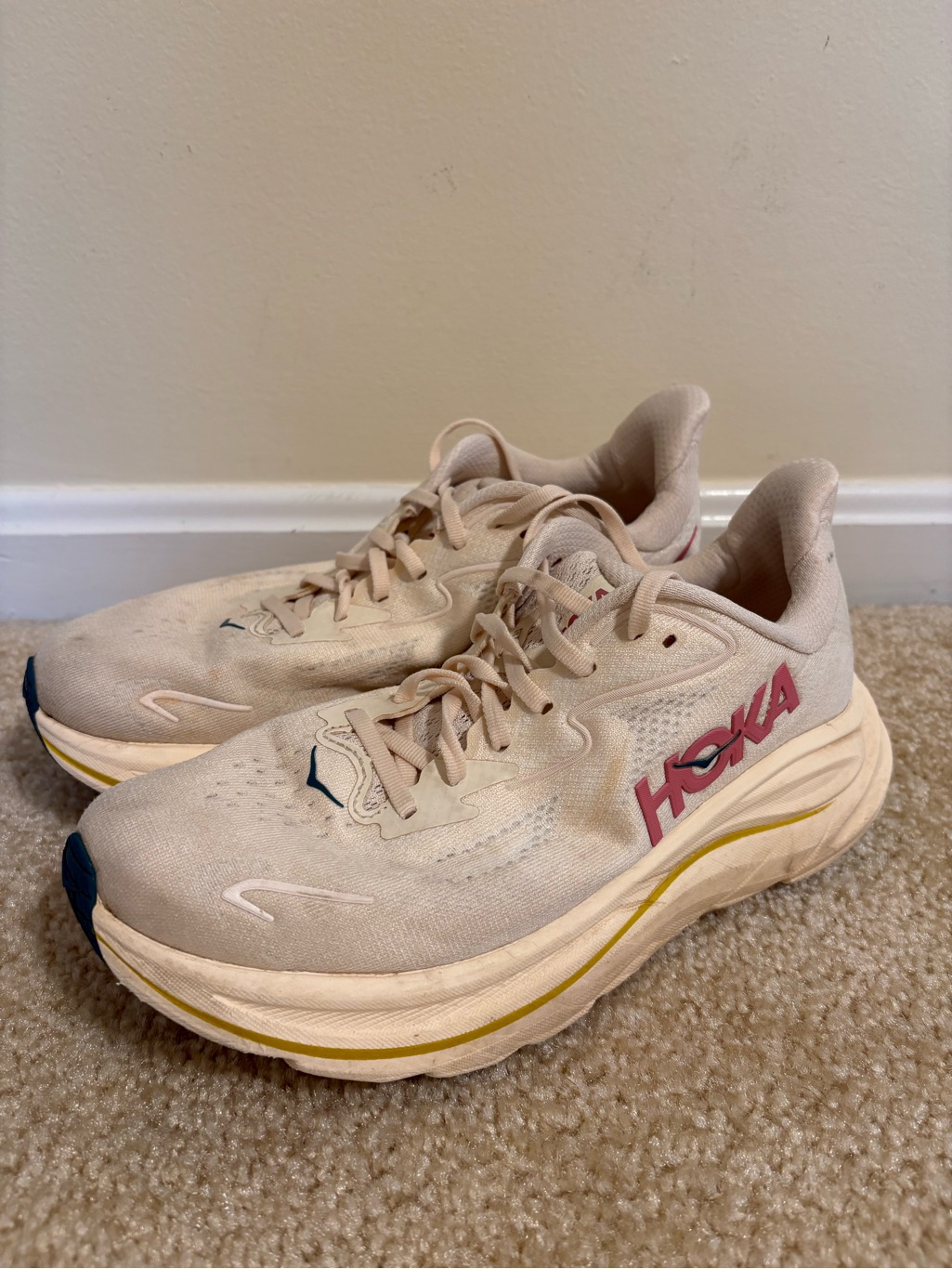 Hoka Womenâs Beige And Yellow Athletic Running Shoes